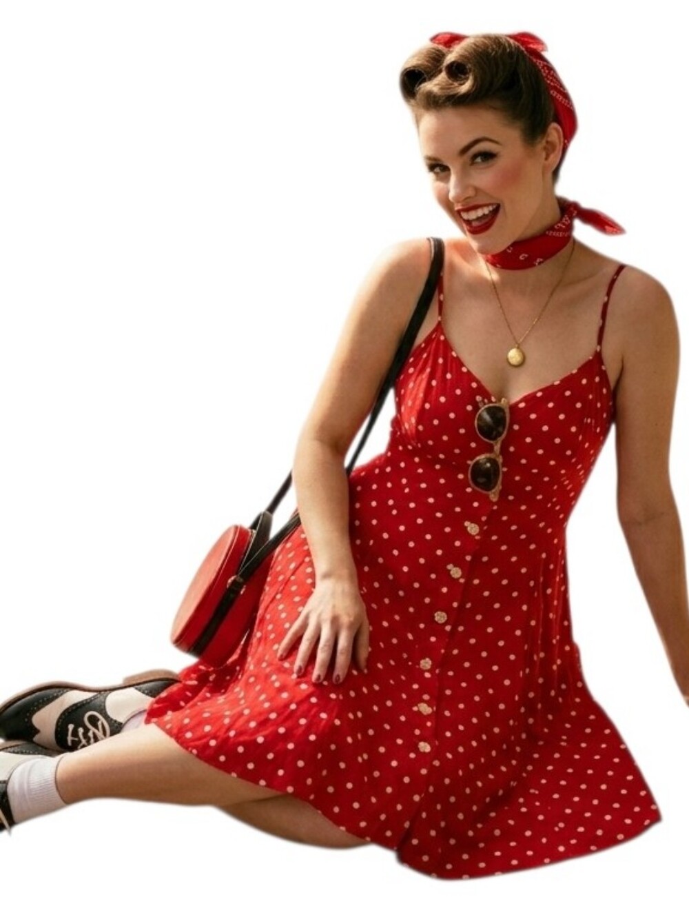 Vintage Buttondown Moda Intl Red Polka Dot Midi Dress 90s Rockabilly